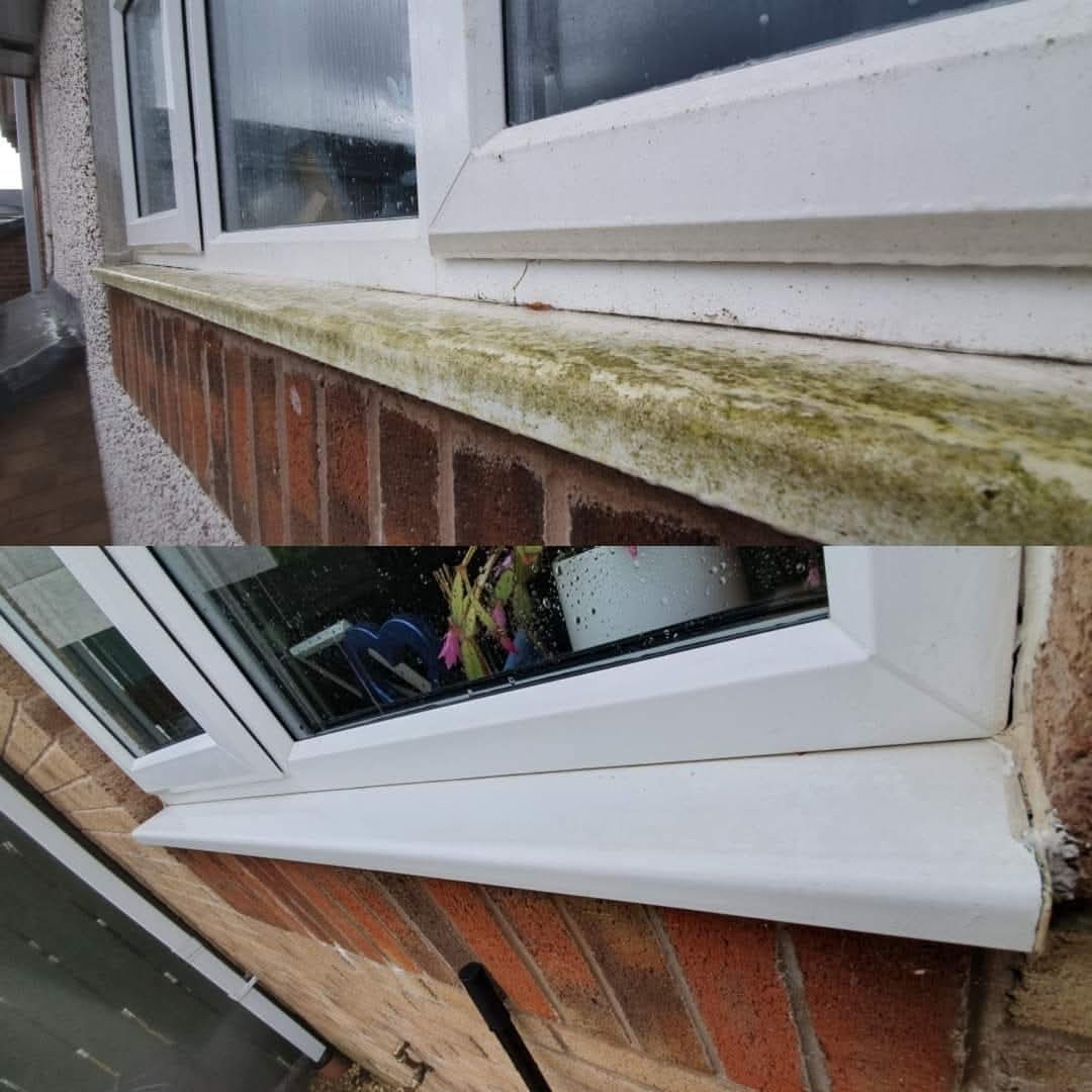 Green-stained concrete window sill before and clean white UPVC sill after treatment