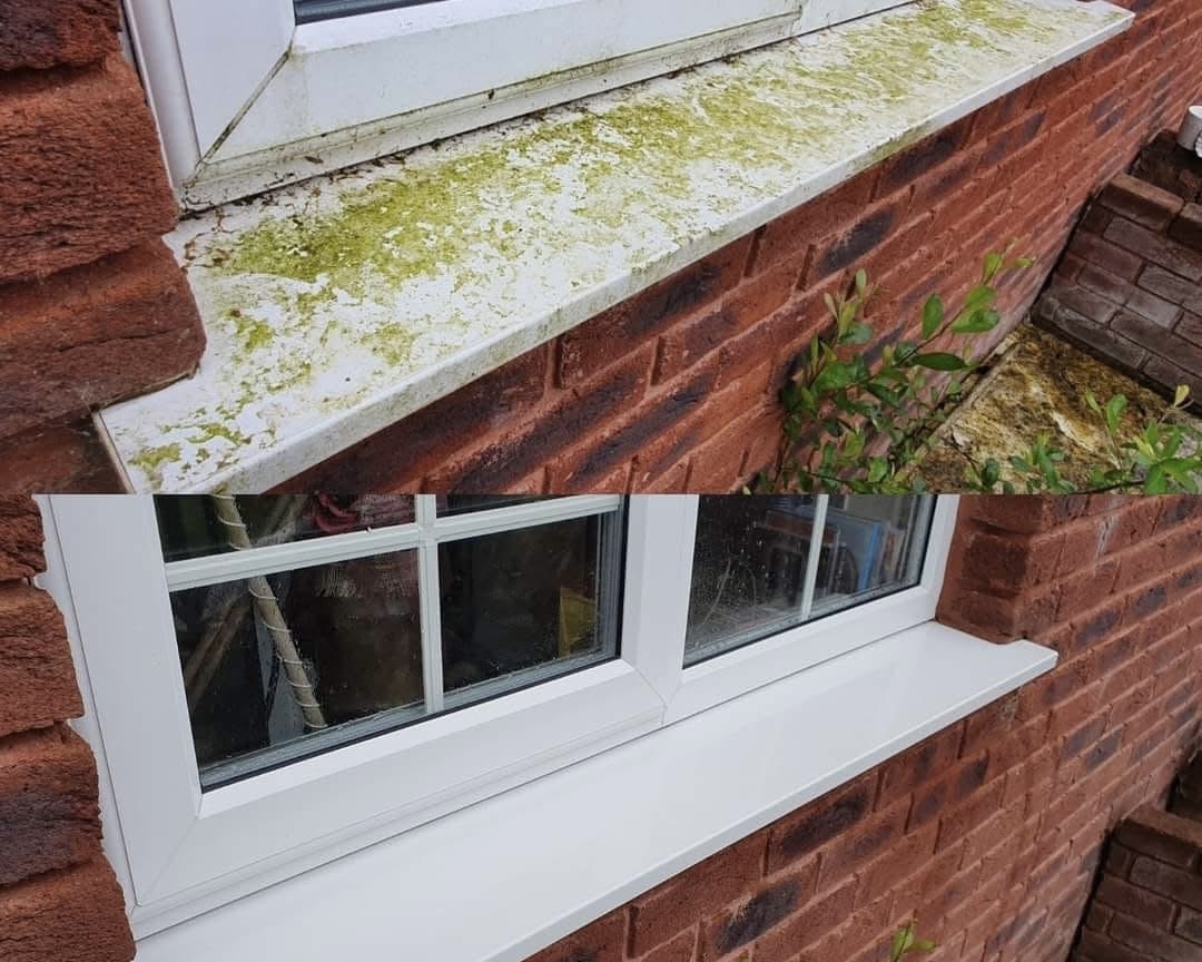 Heavily moss-covered concrete sill next to cleaned UPVC sill after treatment