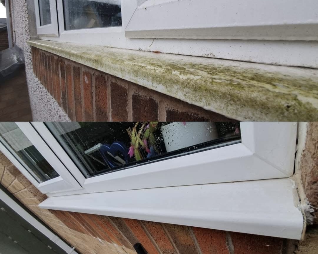 Mossy concrete window sill and UPVC frame restored to bright white after fascia clean